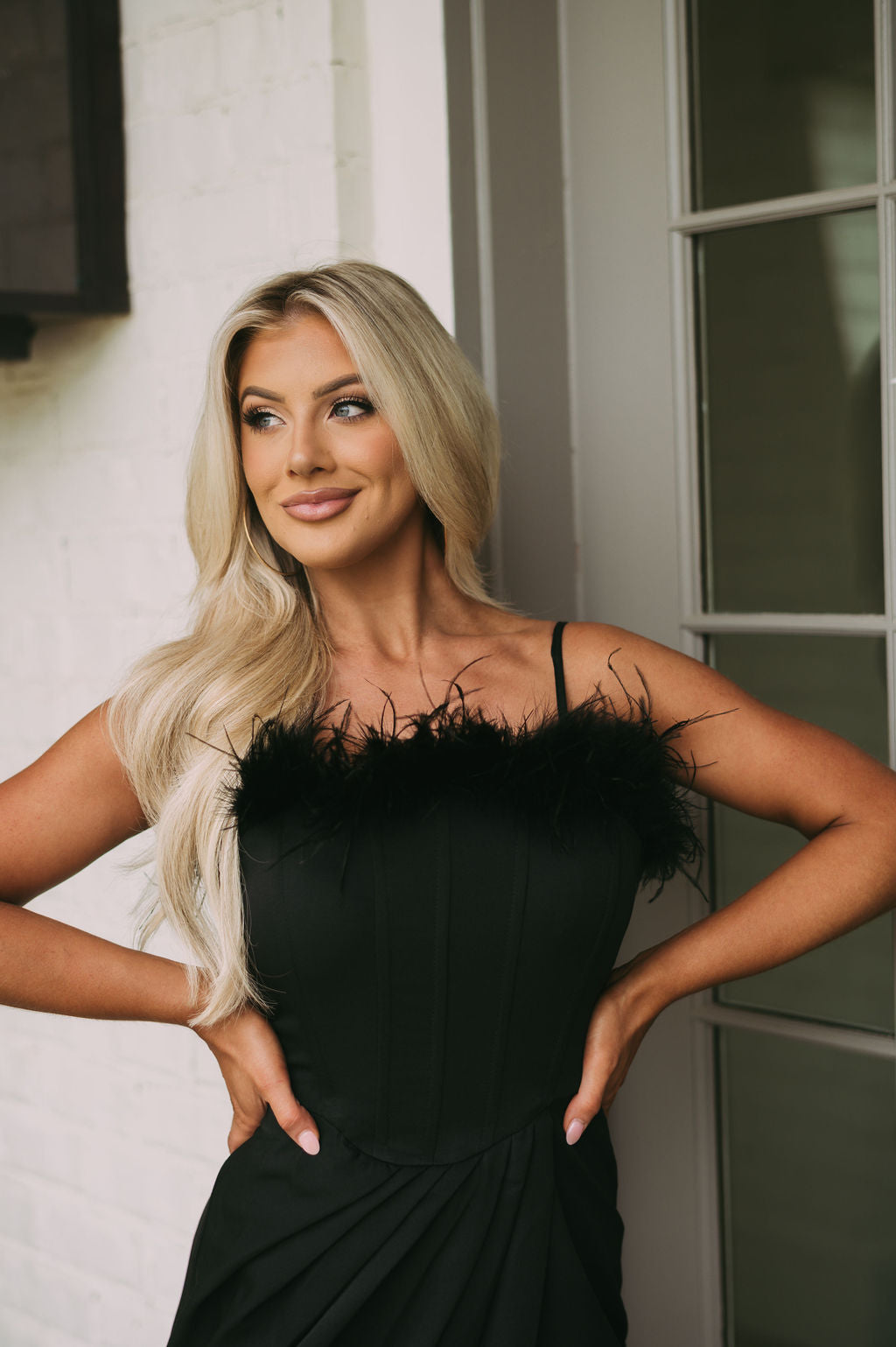 Feather Trim Overlay Midi Dress