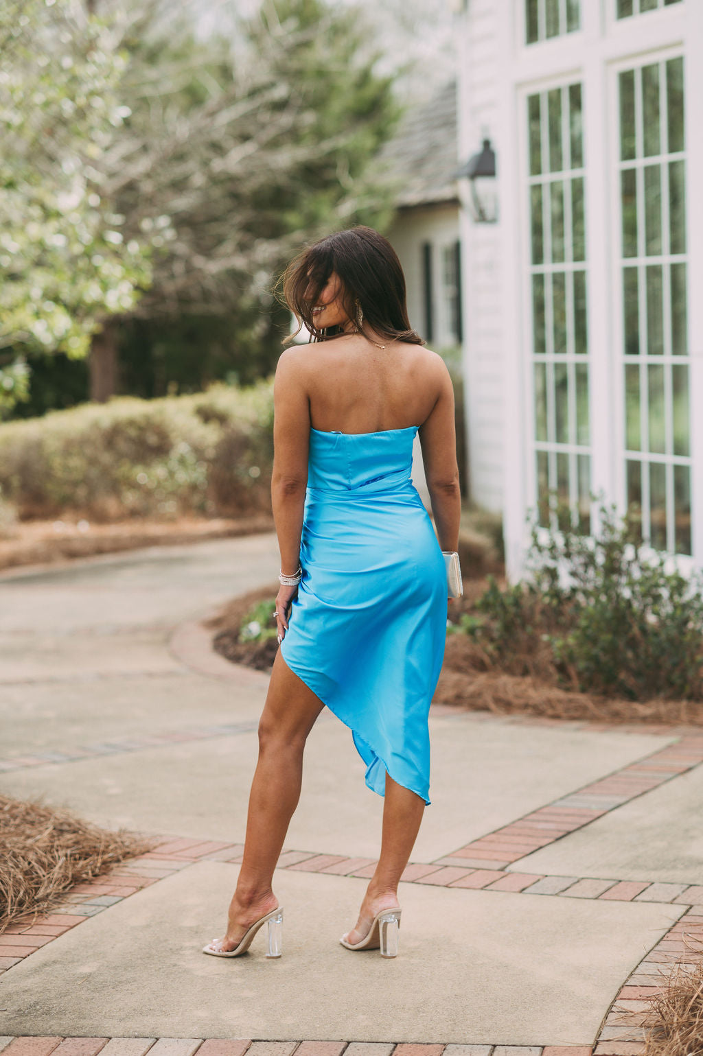 Side Draped Satin DressBlue