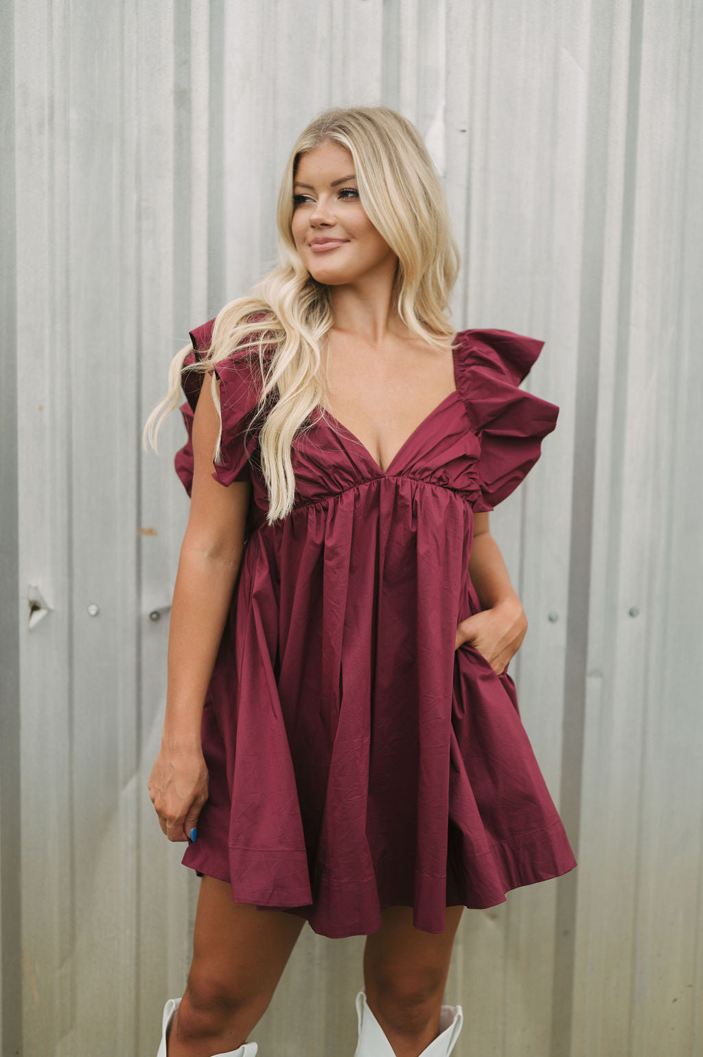 Tie Back Poplin Dress-Maroon
