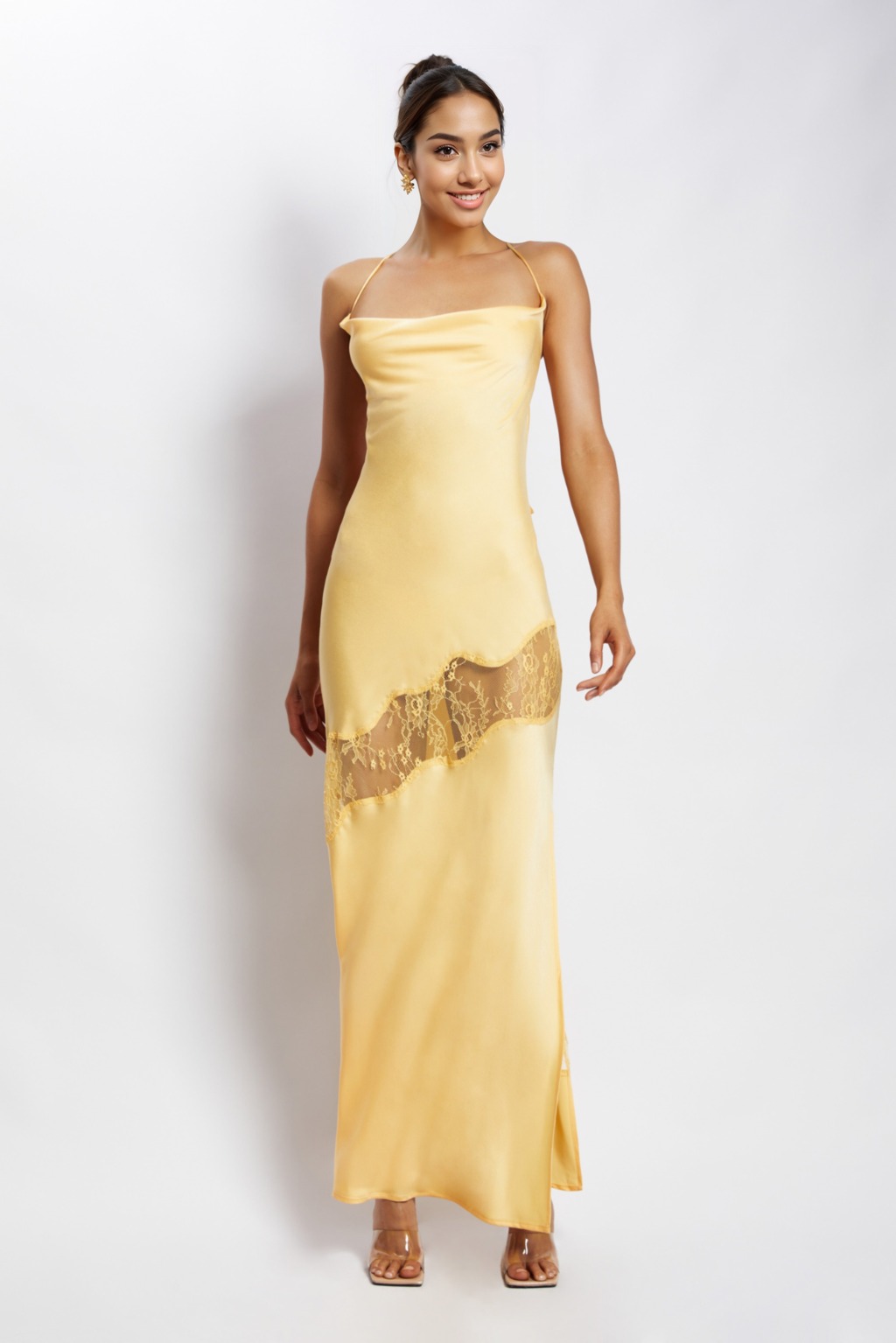 Chandra Lace Detail Satin Maxi Dress Lemon