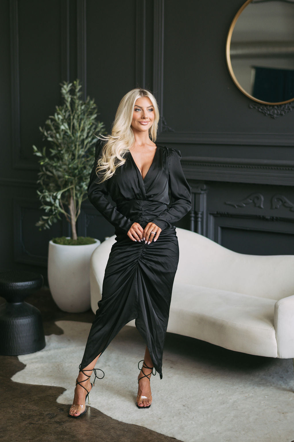 Shoulder Padded Plunge Neck Midi Dress