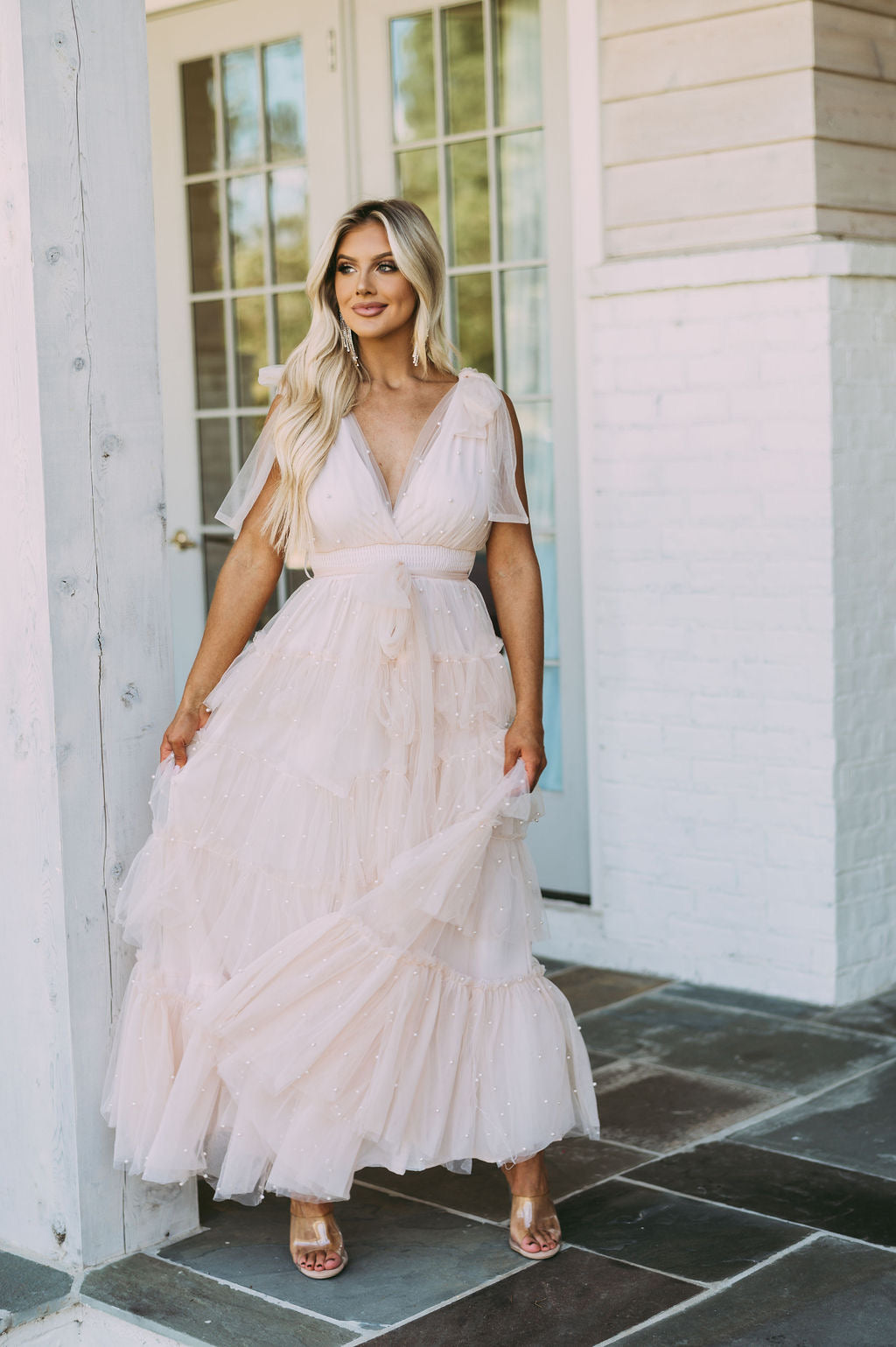 Pearl Accented Mesh Maxi Dress