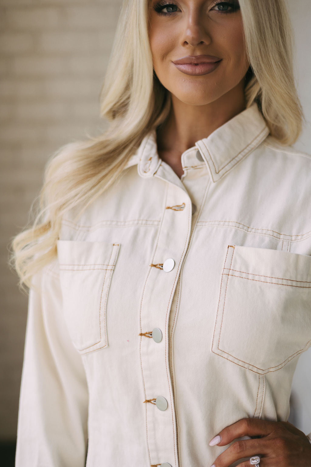 Button Down Denim Dress-Ecru
