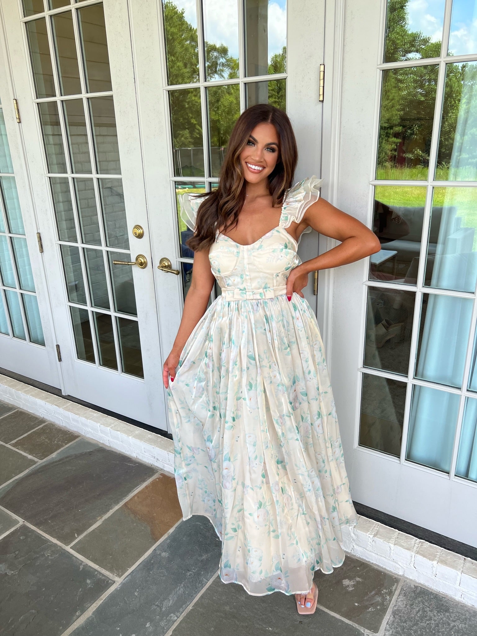 Organza Floral Maxi Dress-Cream/Green