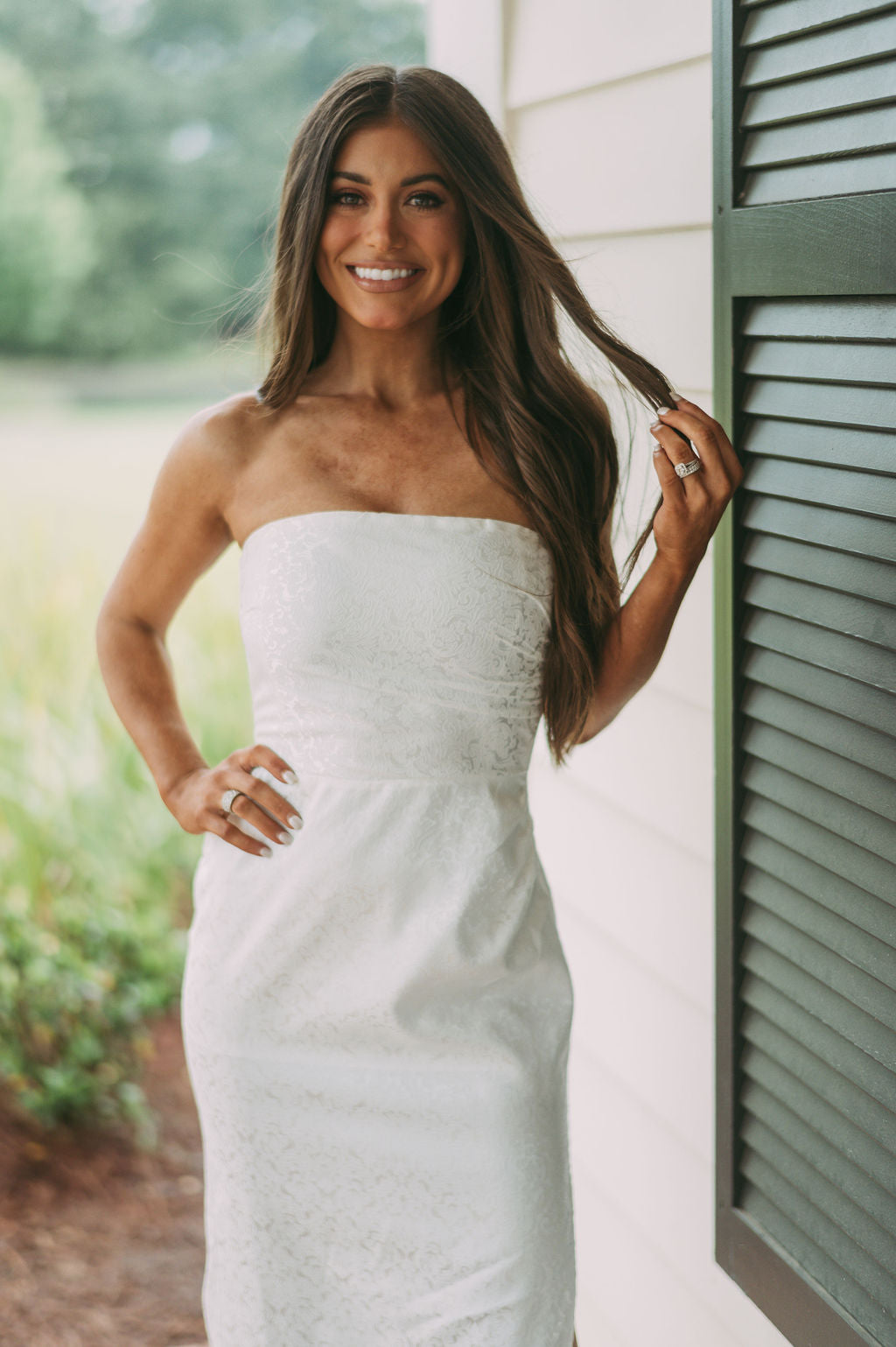 Strapless Jacquard Slit Dress White