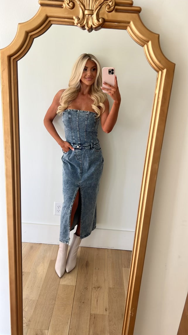 Strapless Denim Midi Dress