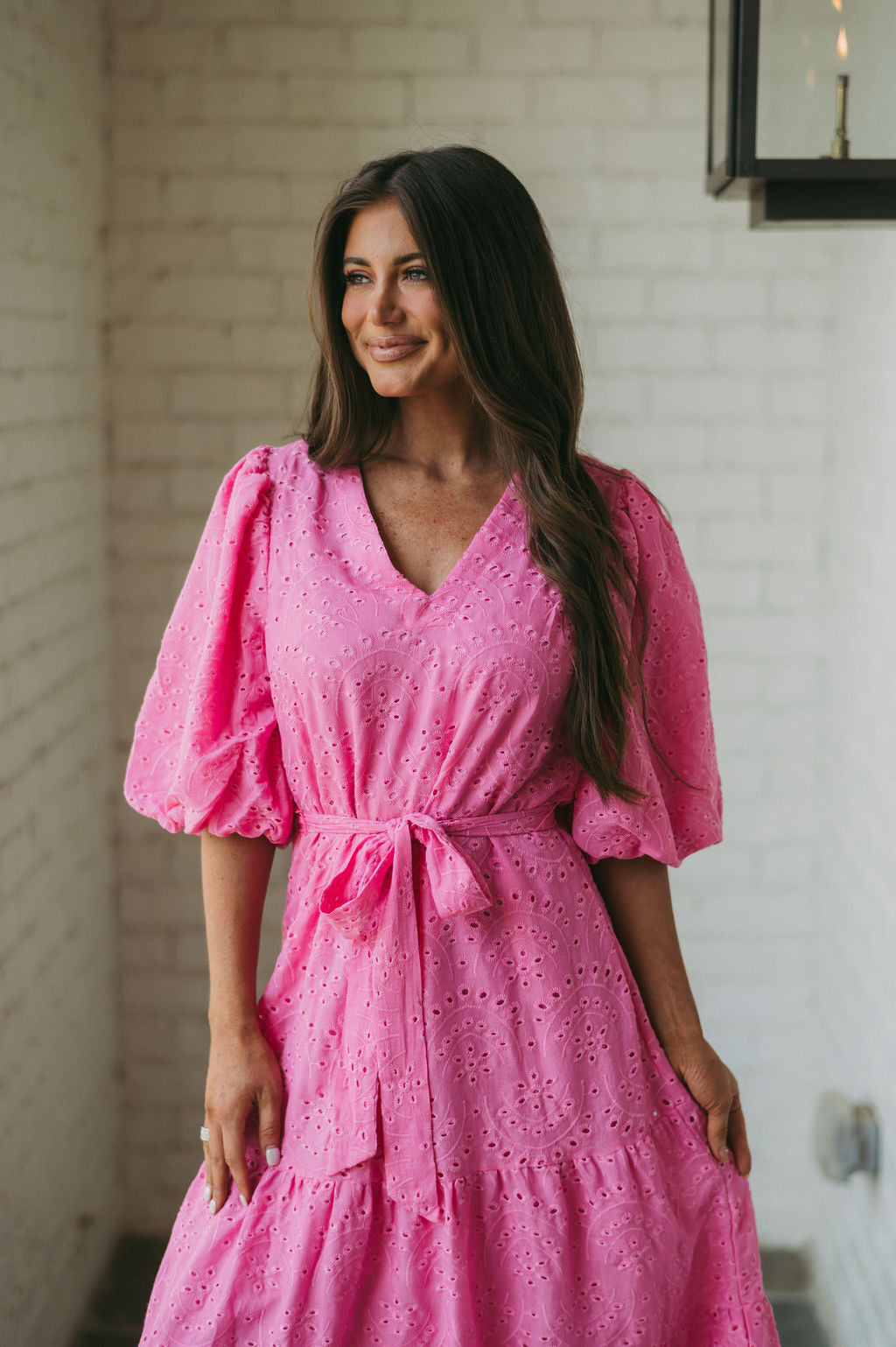 Eyelet Puff Sleeve Midi Dress