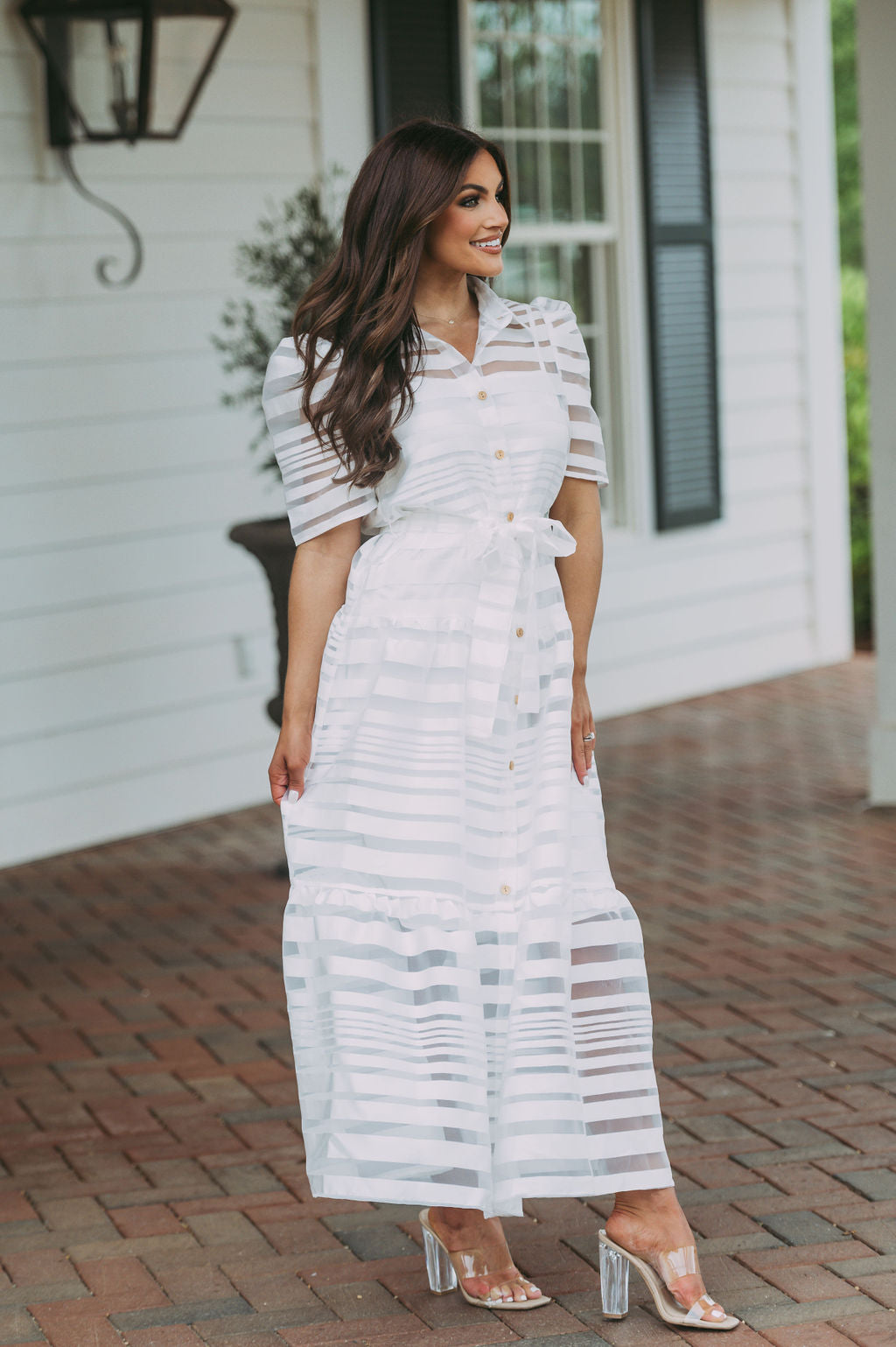 Sheer Striped Midi Dress White