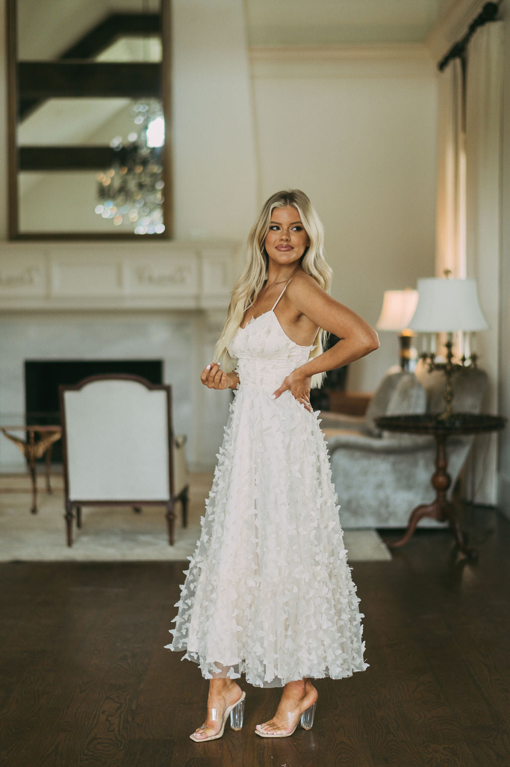 Butterfly Mesh Maxi Dress-Cream