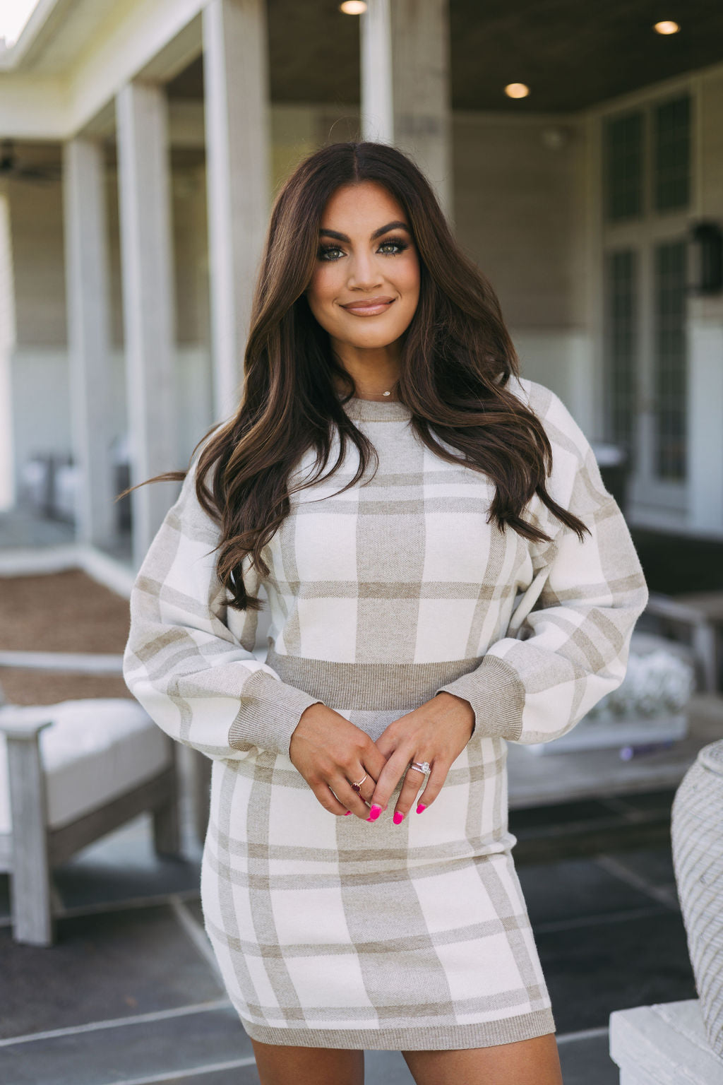 Plaid Knit Bodycon Dress-Beige/White