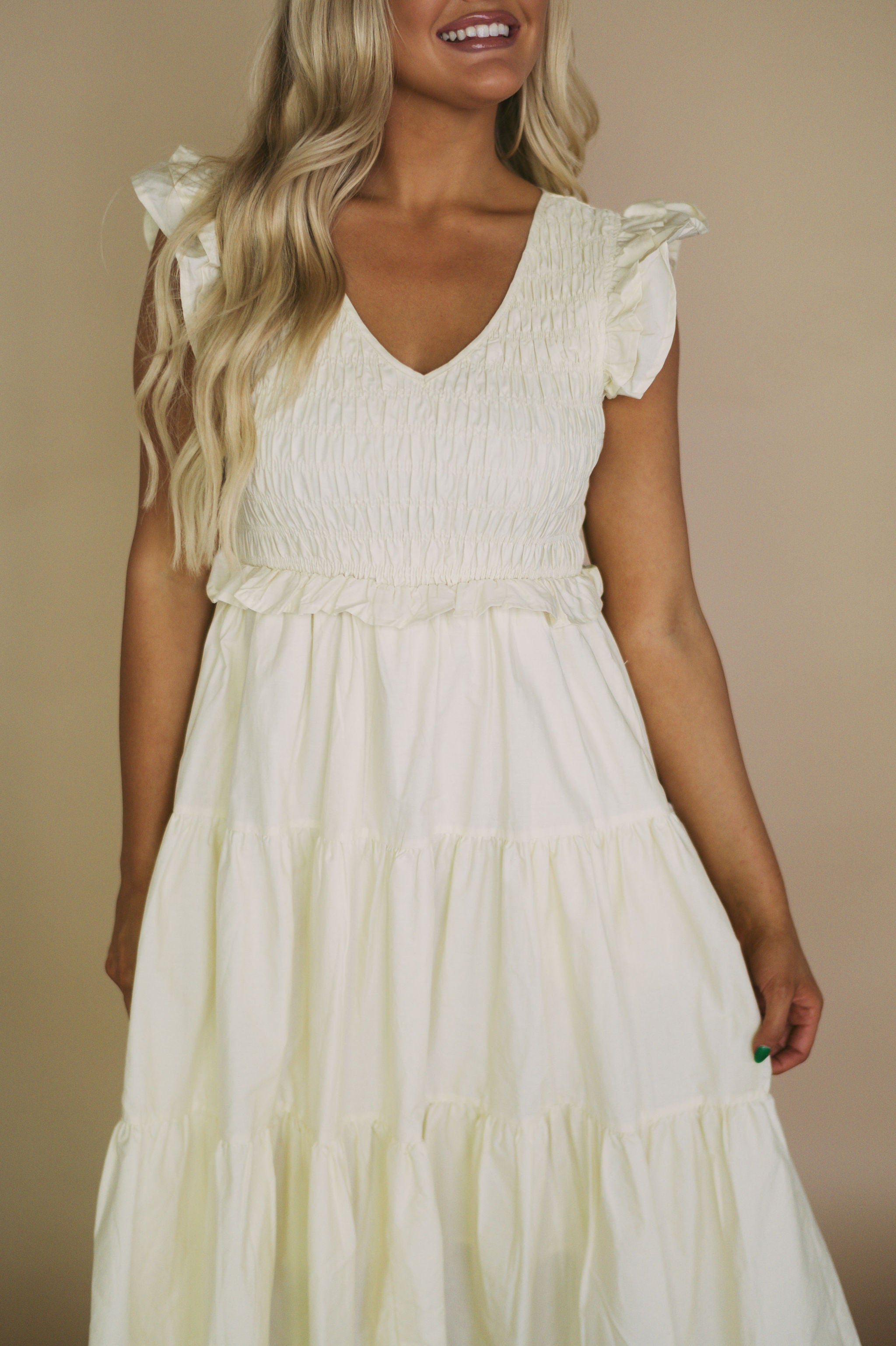 Smocked Tiered Midi Dress-Cream