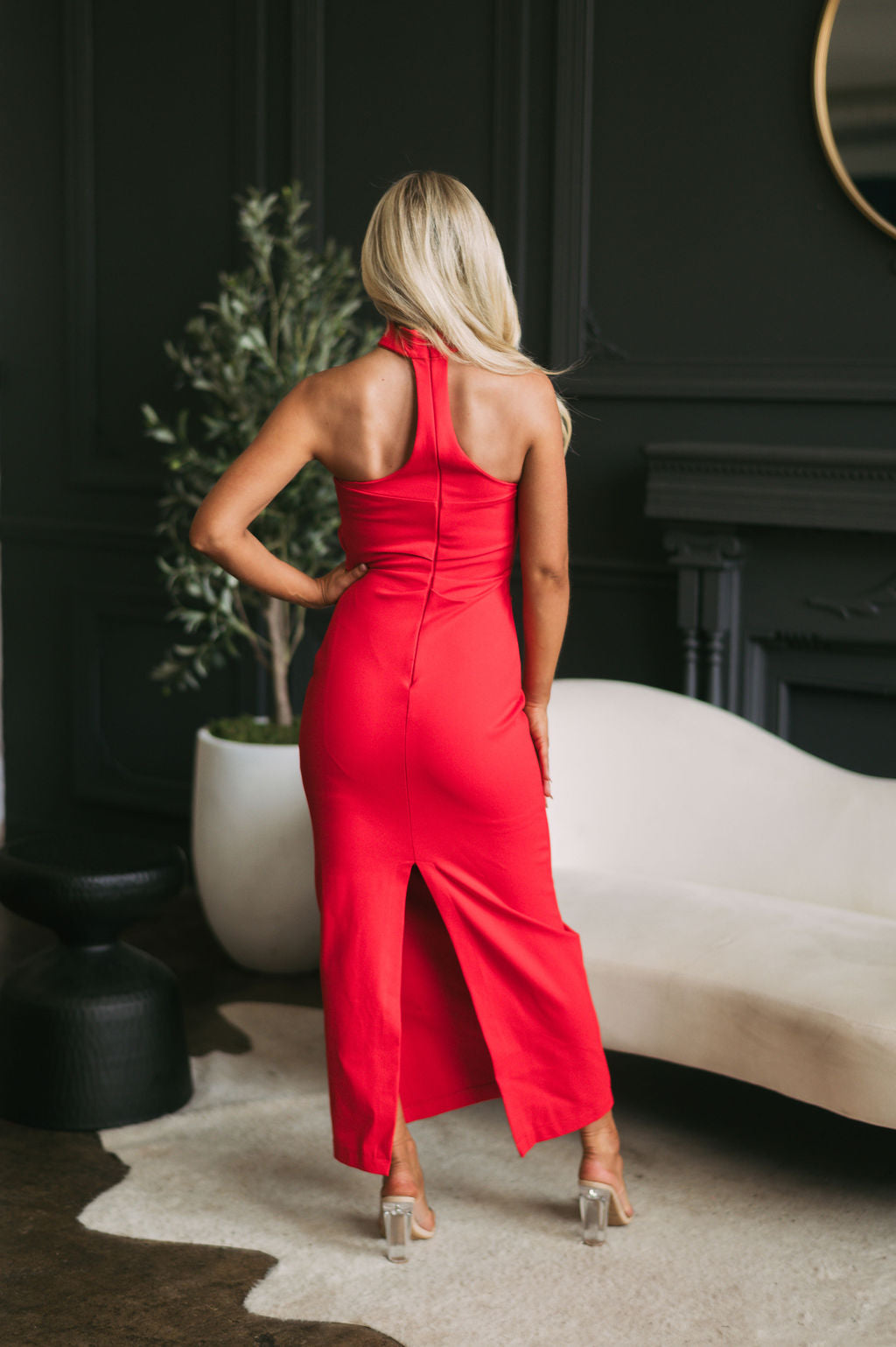 Mock Neck Fitted Midi Dress-Tomato Red