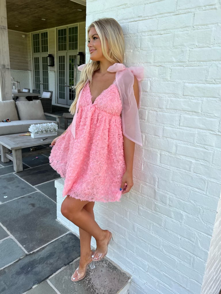 Shoulder Tie Statement Dress-Pink