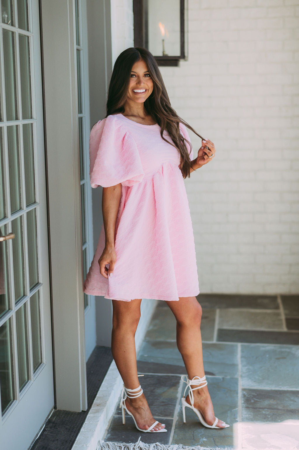 Textured Puff Sleeve Babydoll Dress-Pink