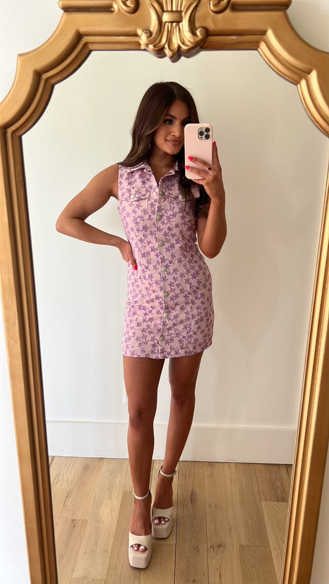 Sleeveless Floral Printed Button Down Dress//PETITE