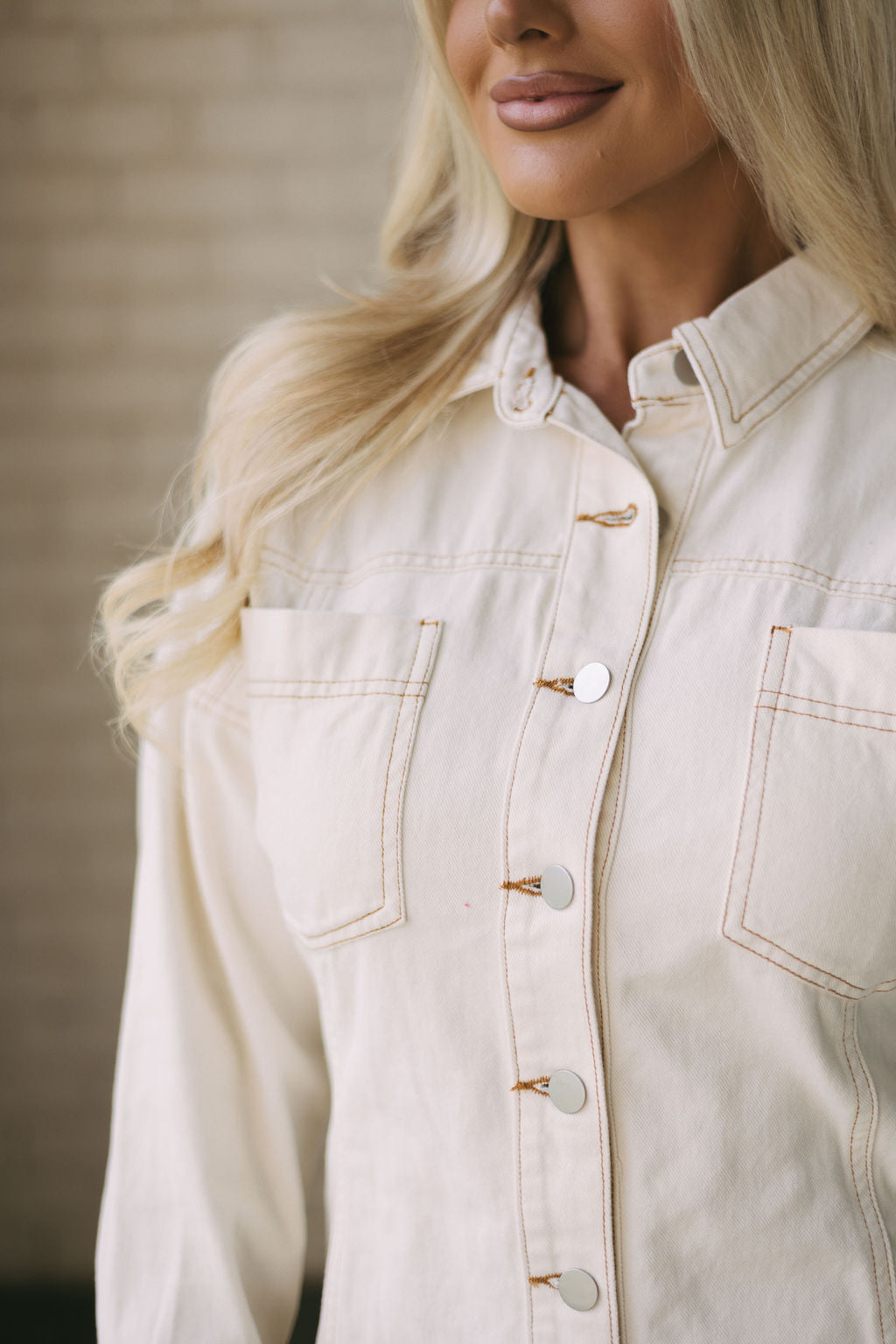 Button Down Denim Dress-Ecru