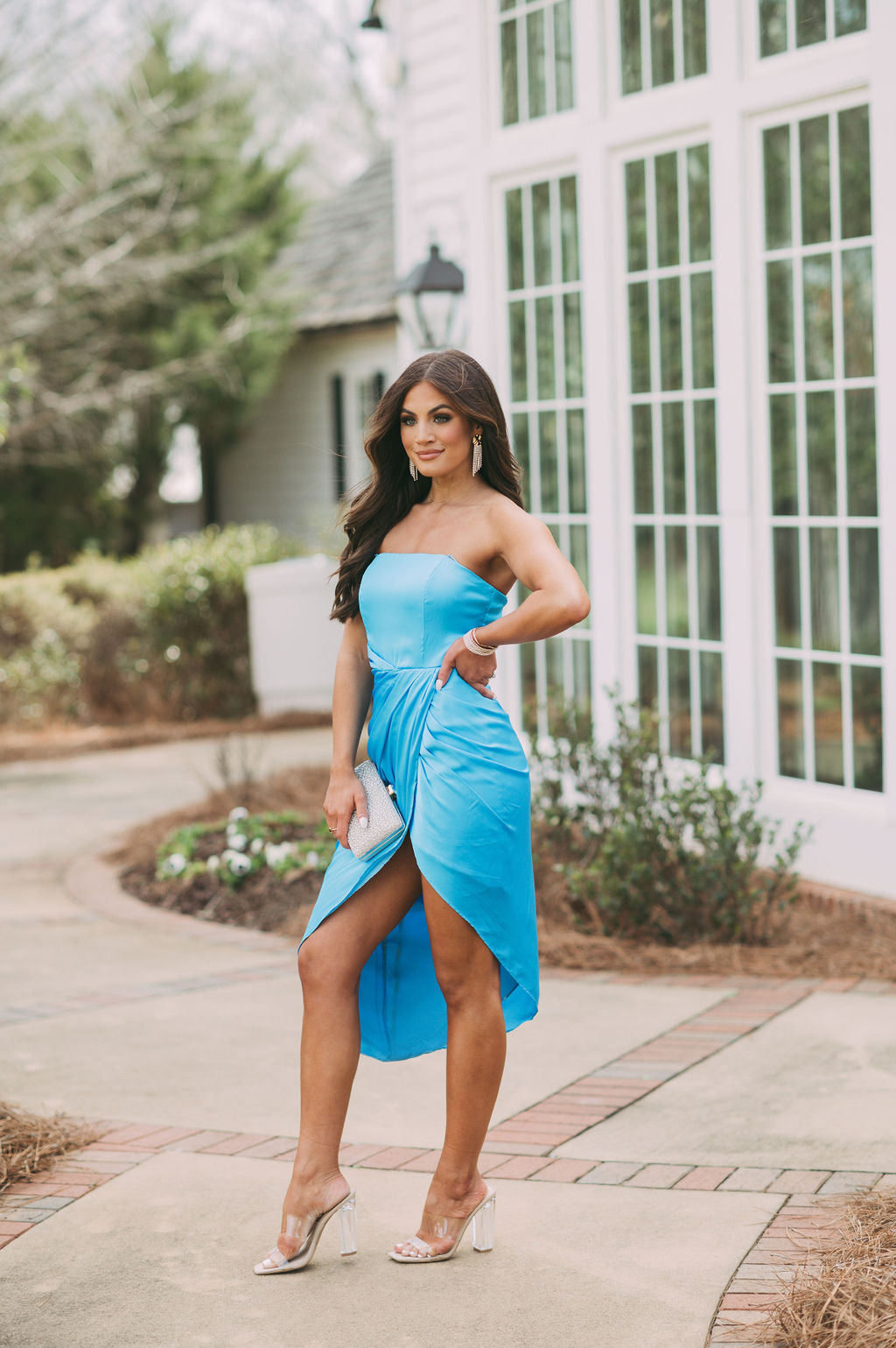 Side Draped Satin DressBlue