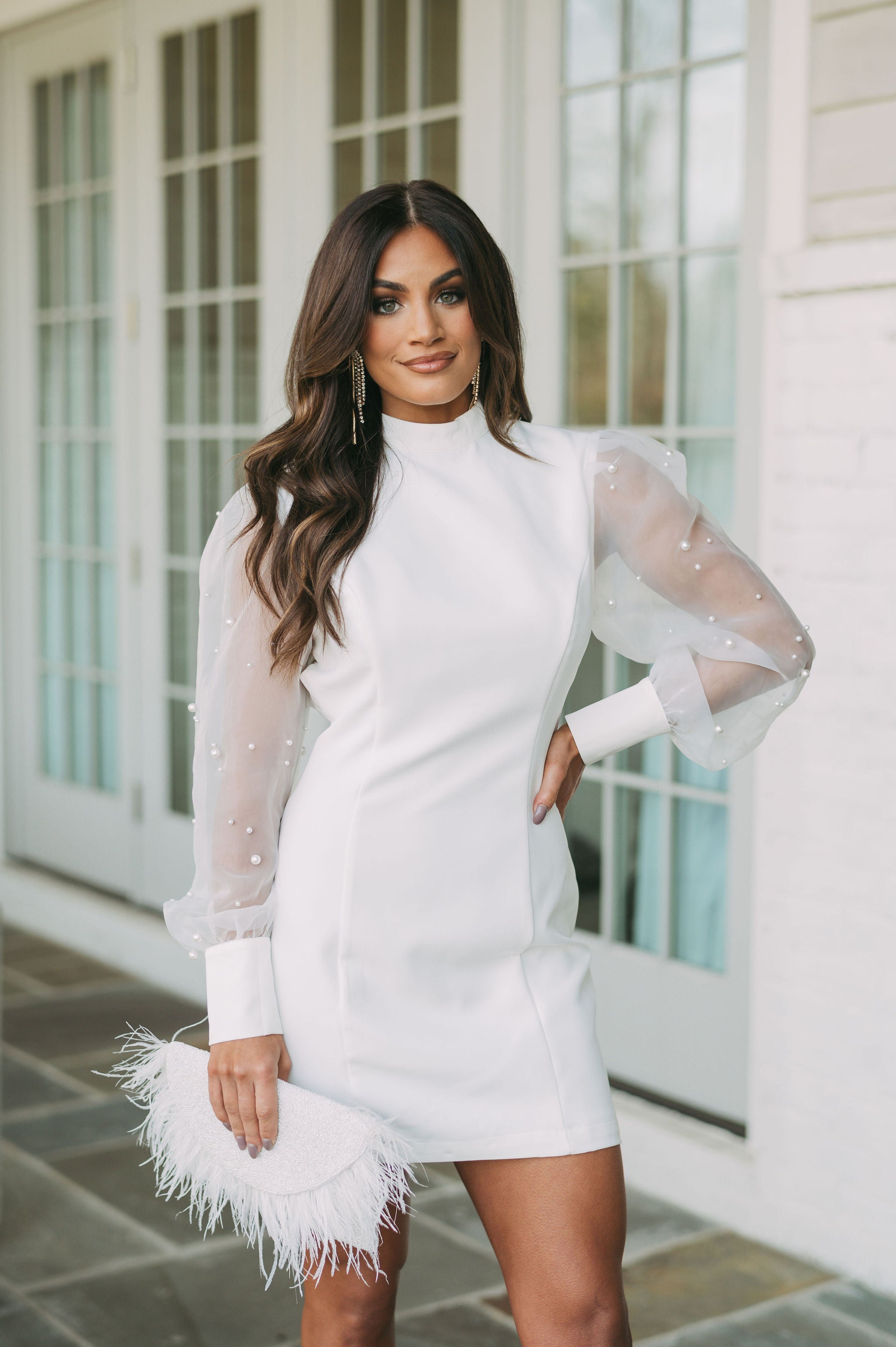 Pearl Embellished Mock Neck DressOff White