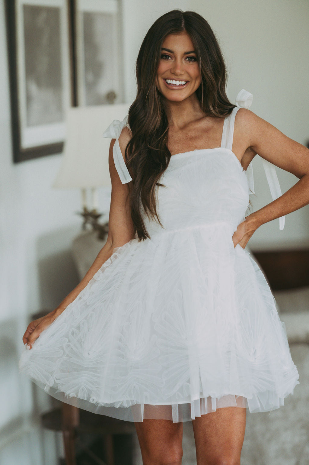 Textured Shoulder Tie Dress-White