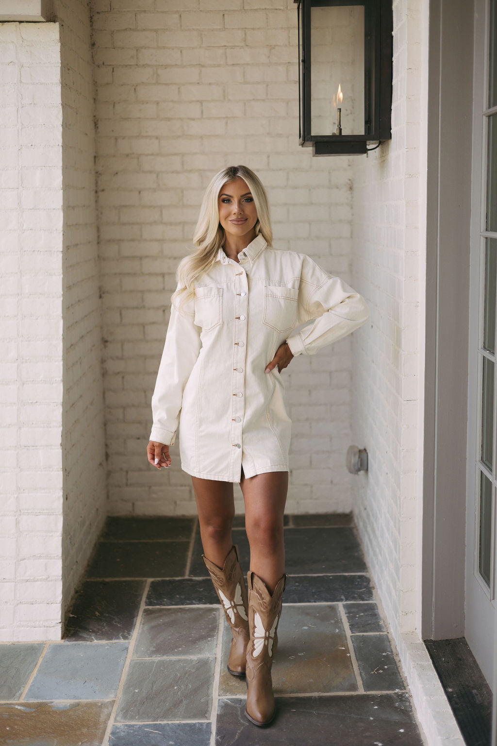 Button Down Denim Dress-Ecru