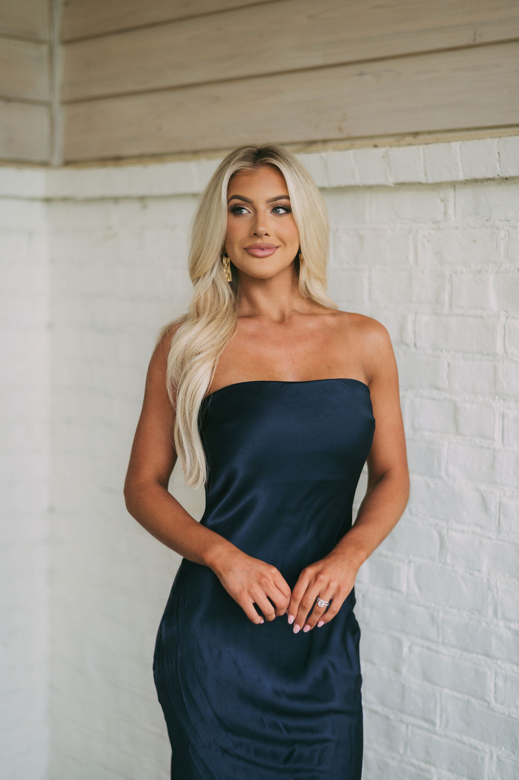 Satin Strapless Midi DressNavy