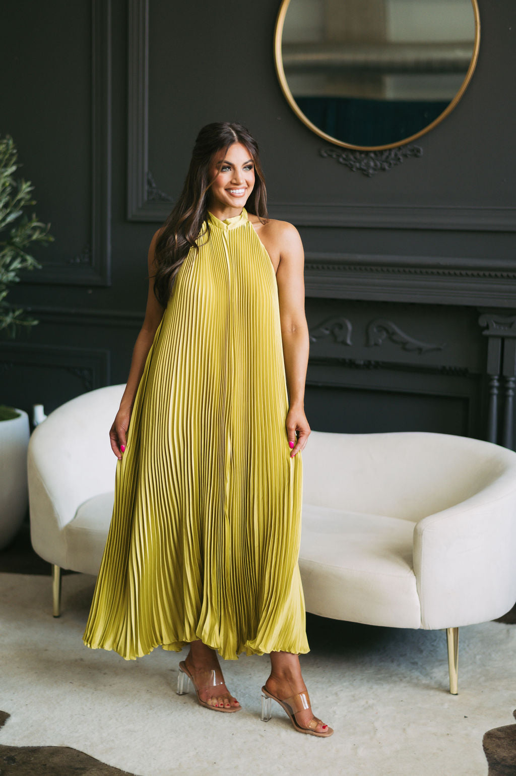 Halter Neck Pleated Midi Dress Chartreuse