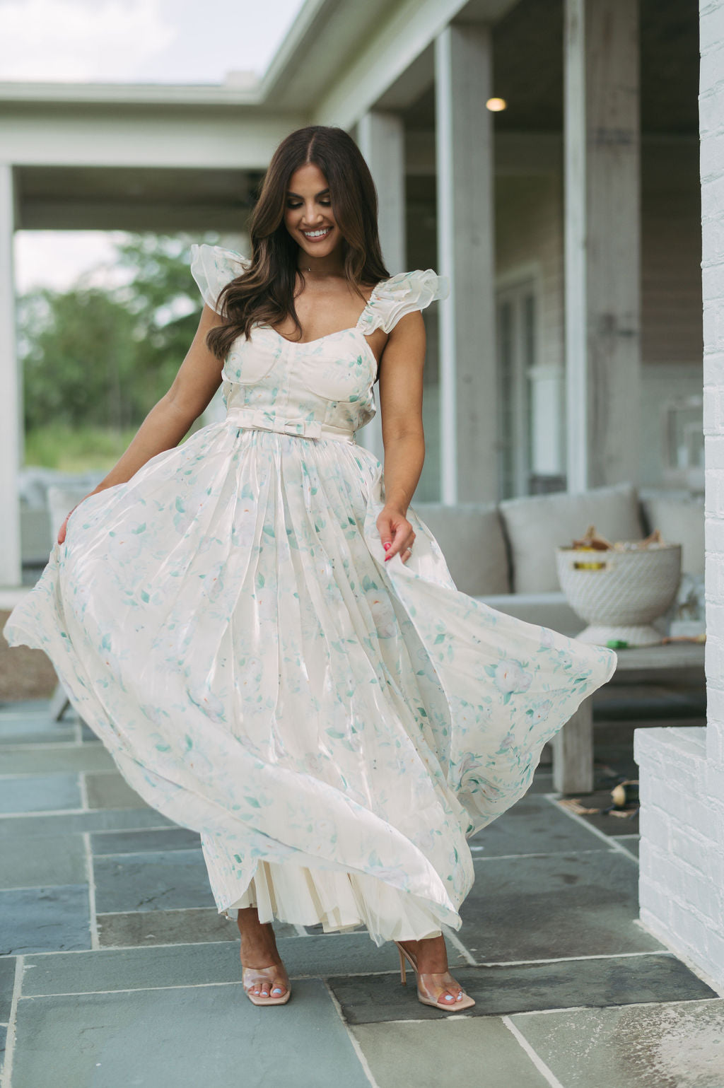 Organza Floral Maxi Dress-Cream/Green