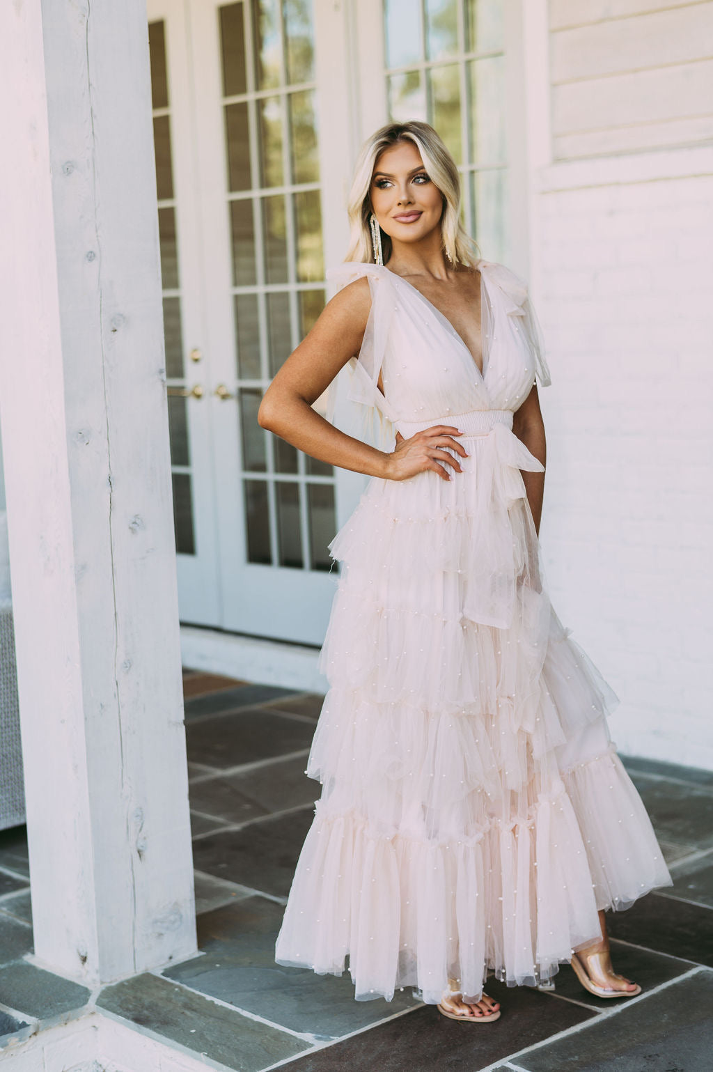 Pearl Accented Mesh Maxi Dress