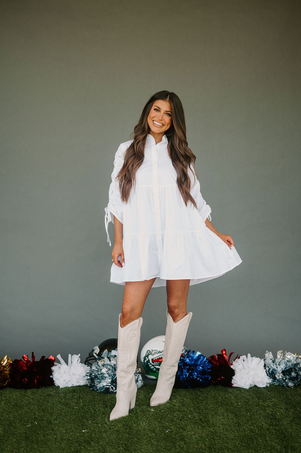 Ruched Button Up Dress-White