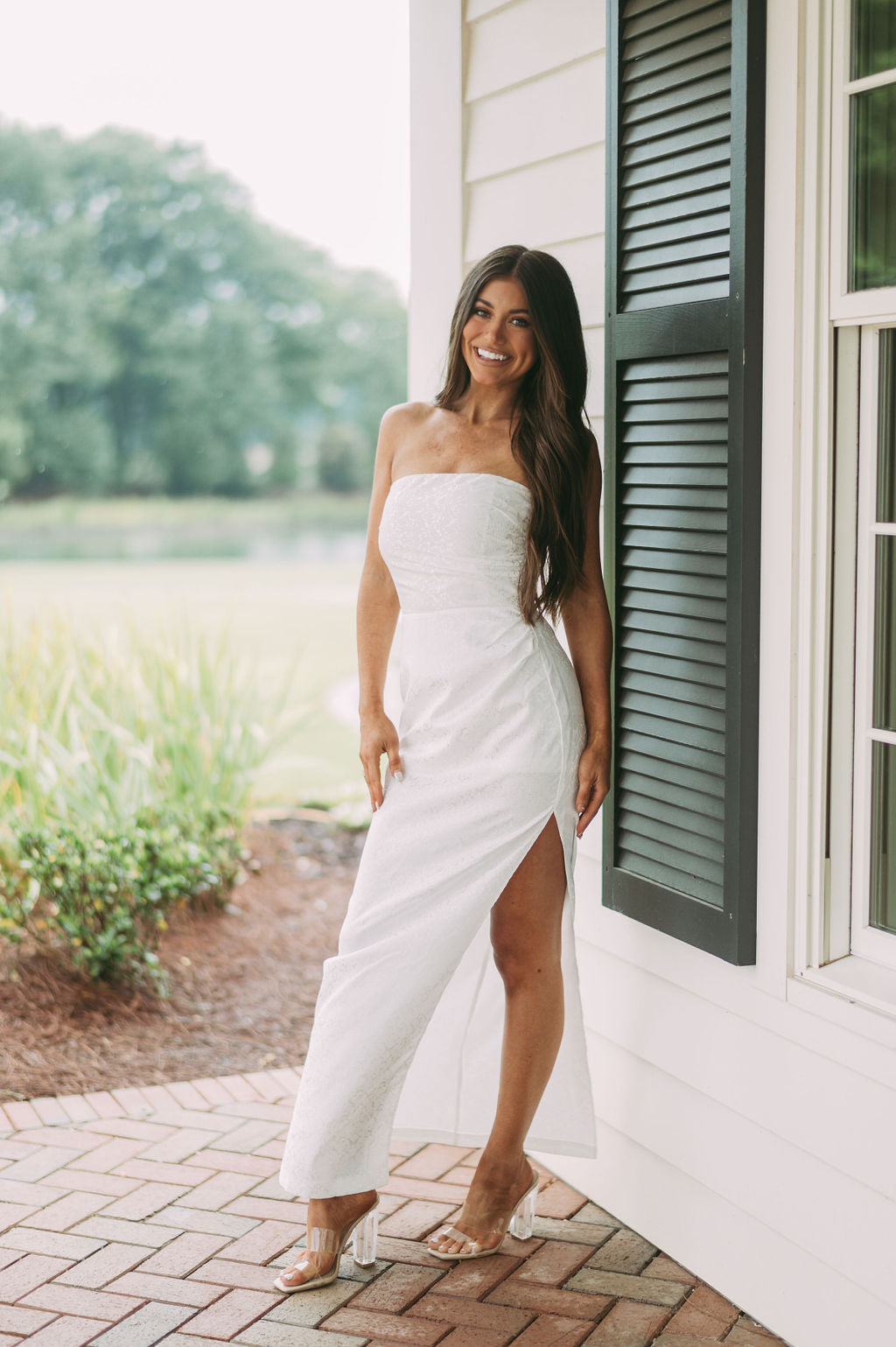 Strapless Jacquard Slit Dress White