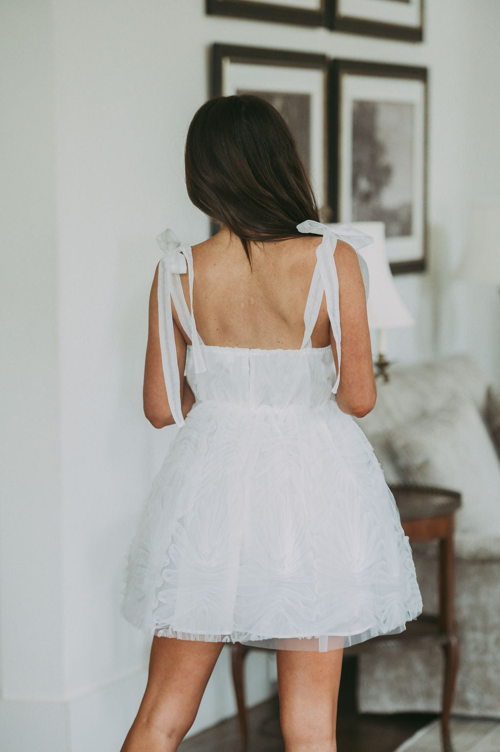 Textured Shoulder Tie Dress-White