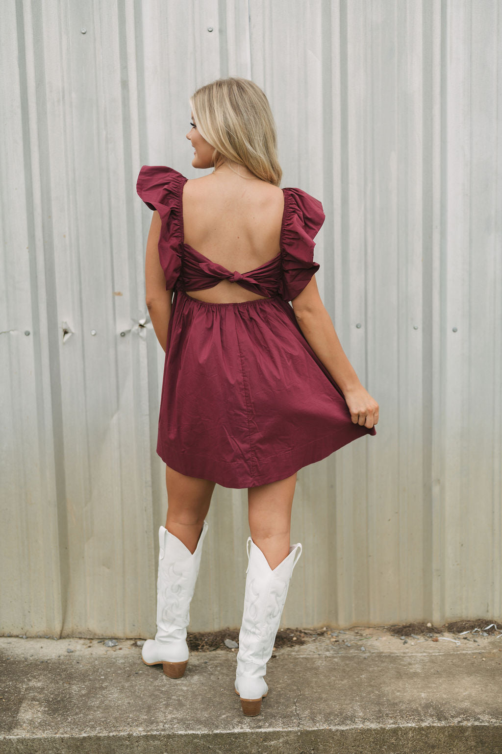 Tie Back Poplin Dress-Maroon