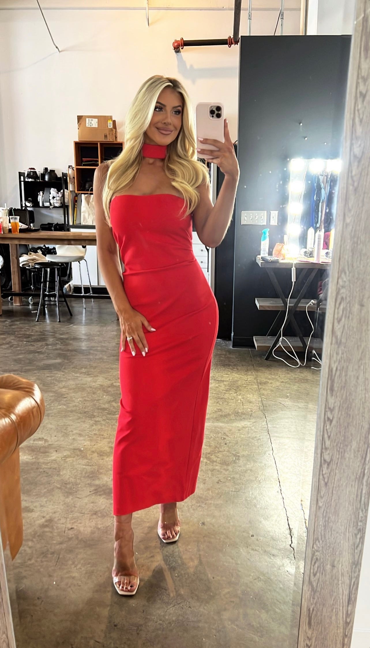 Mock Neck Fitted Midi Dress-Tomato Red