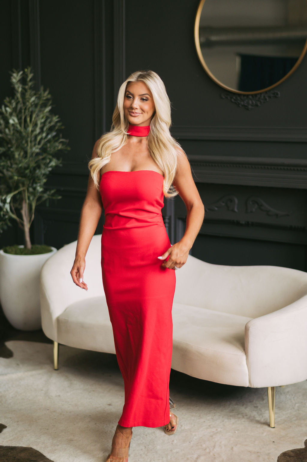 Mock Neck Fitted Midi Dress-Tomato Red