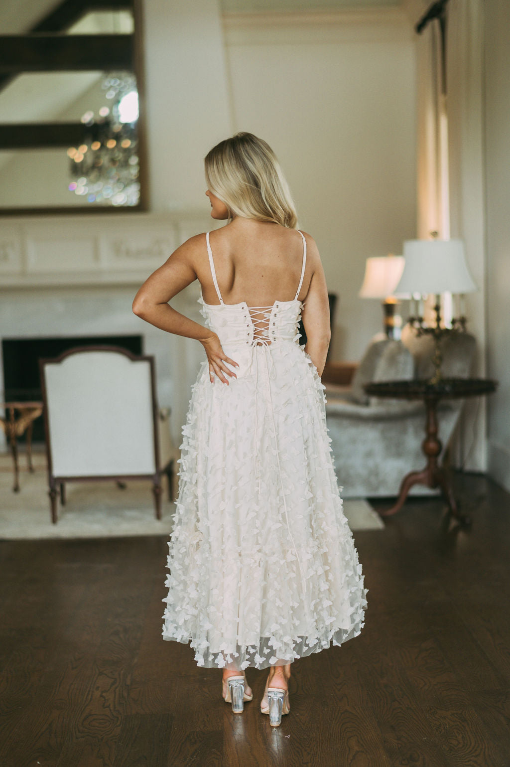 Butterfly Mesh Maxi Dress-Cream