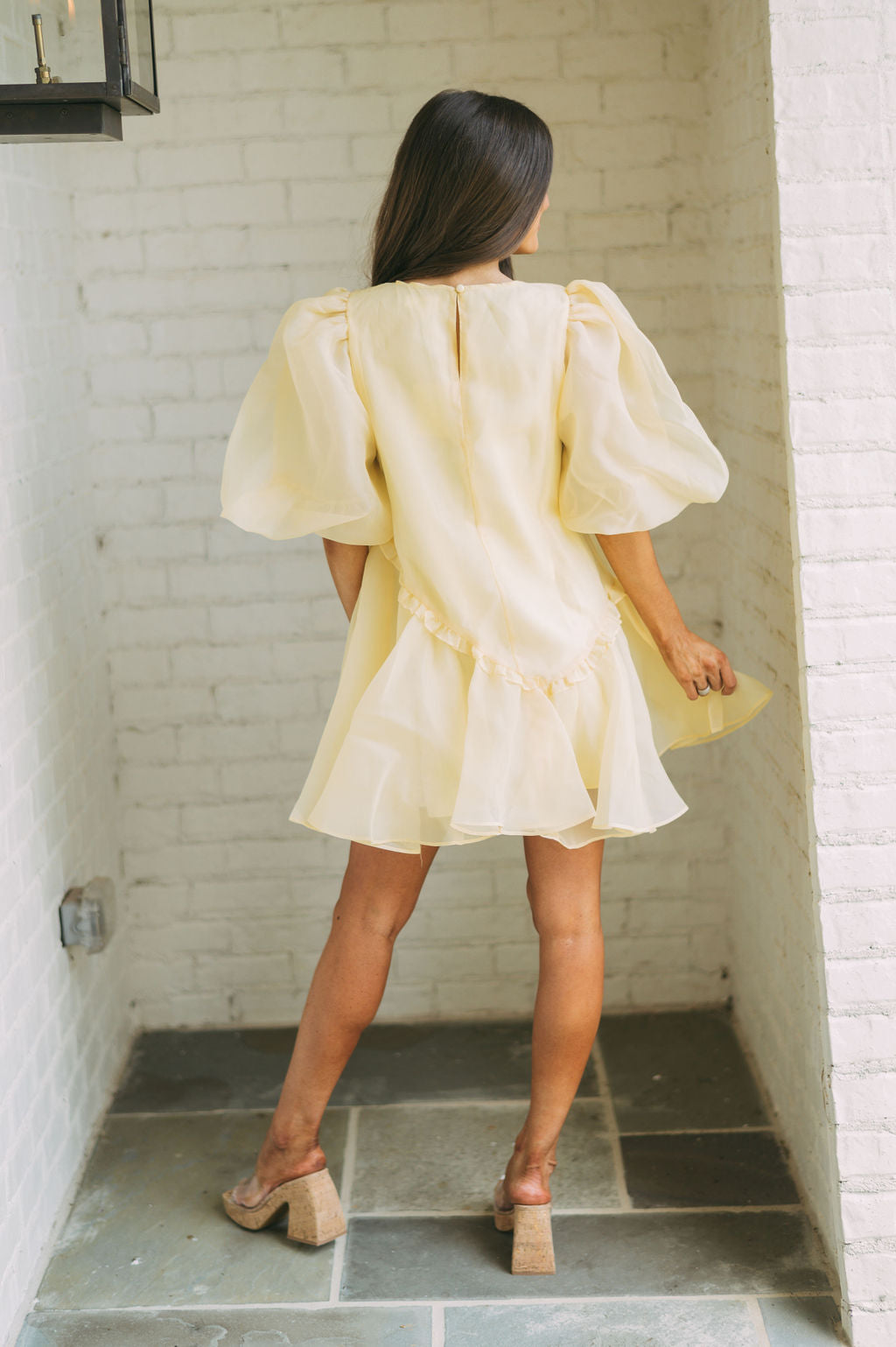 Organza Puff Sleeve Dress-Yellow