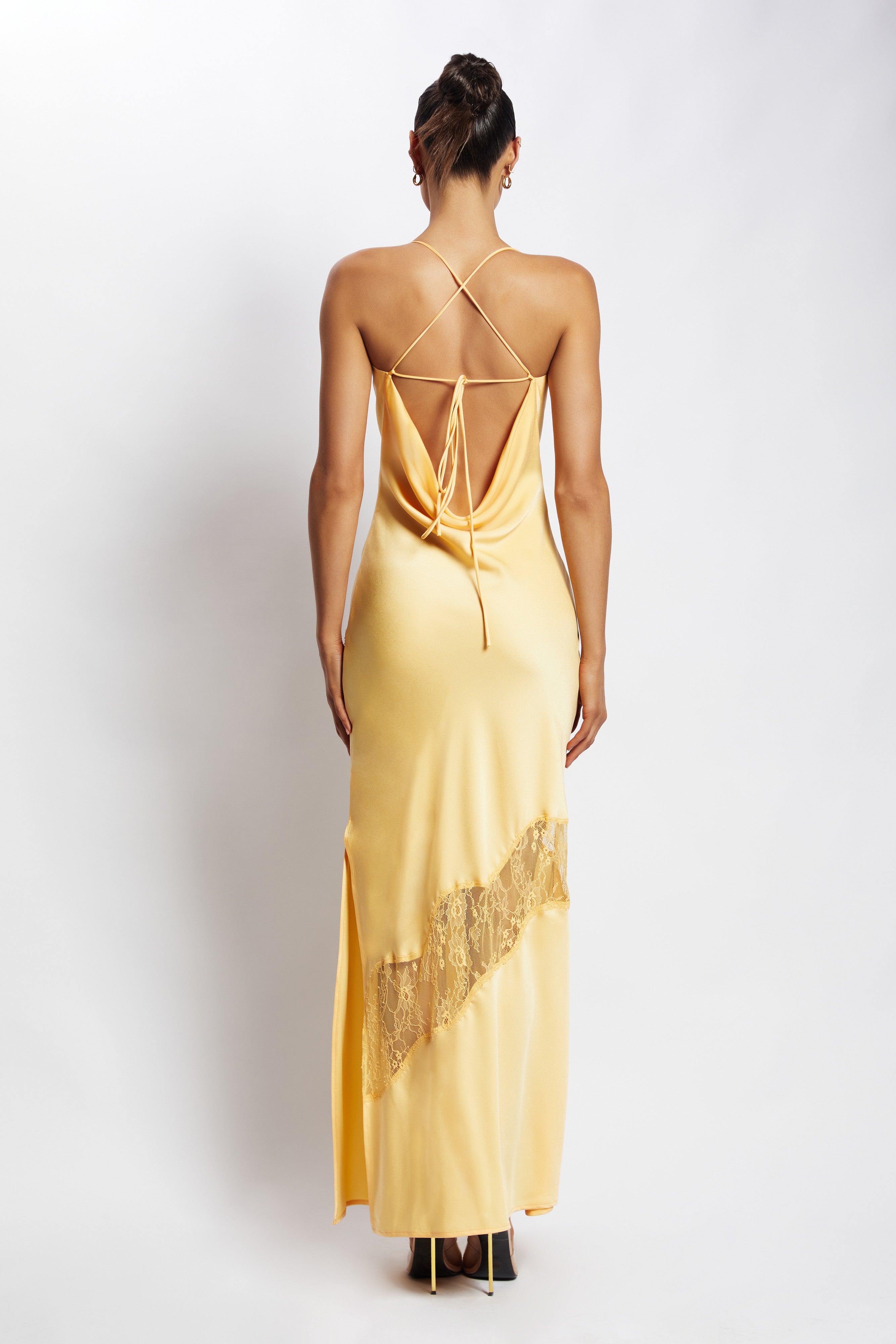 Chandra Lace Detail Satin Maxi Dress Lemon