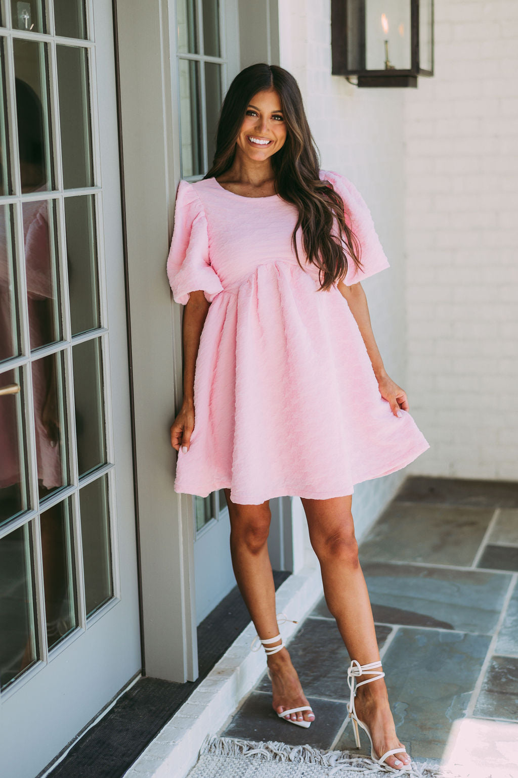 Textured Puff Sleeve Babydoll Dress-Pink