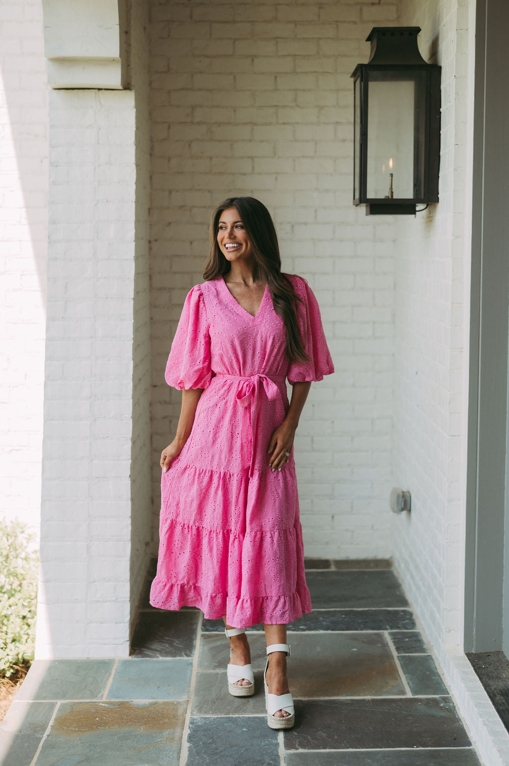 Eyelet Puff Sleeve Midi Dress