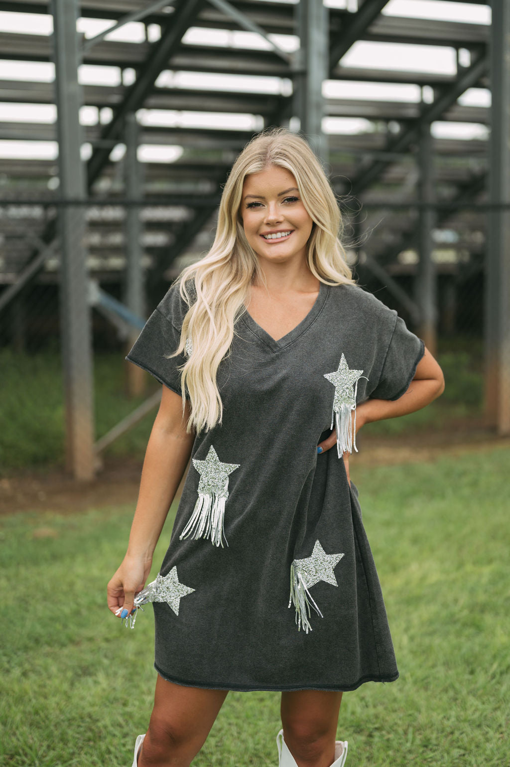 Star Embellished T-Shirt Dress-Washed Black