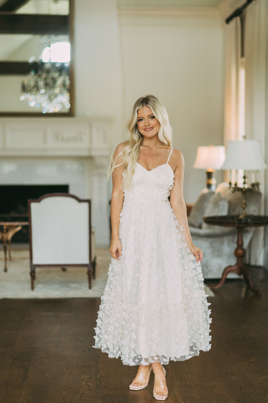 Butterfly Mesh Maxi Dress-Cream