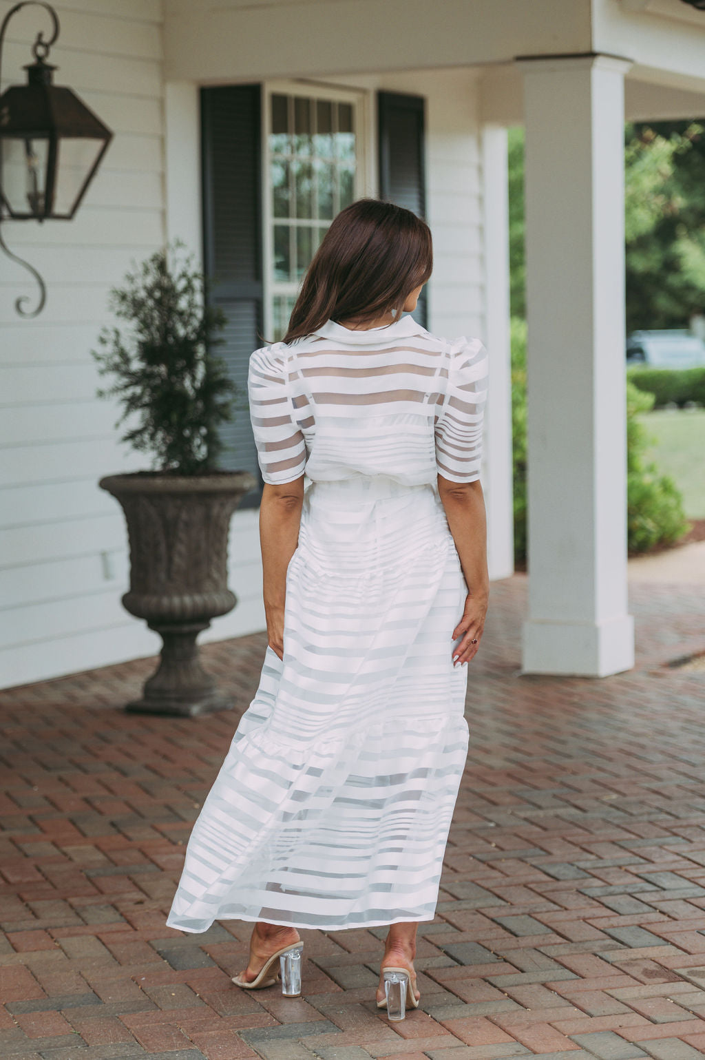 Sheer Striped Midi Dress White