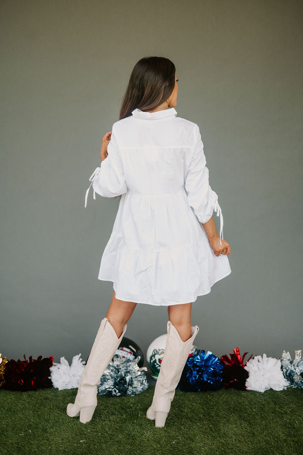 Ruched Button Up Dress-White