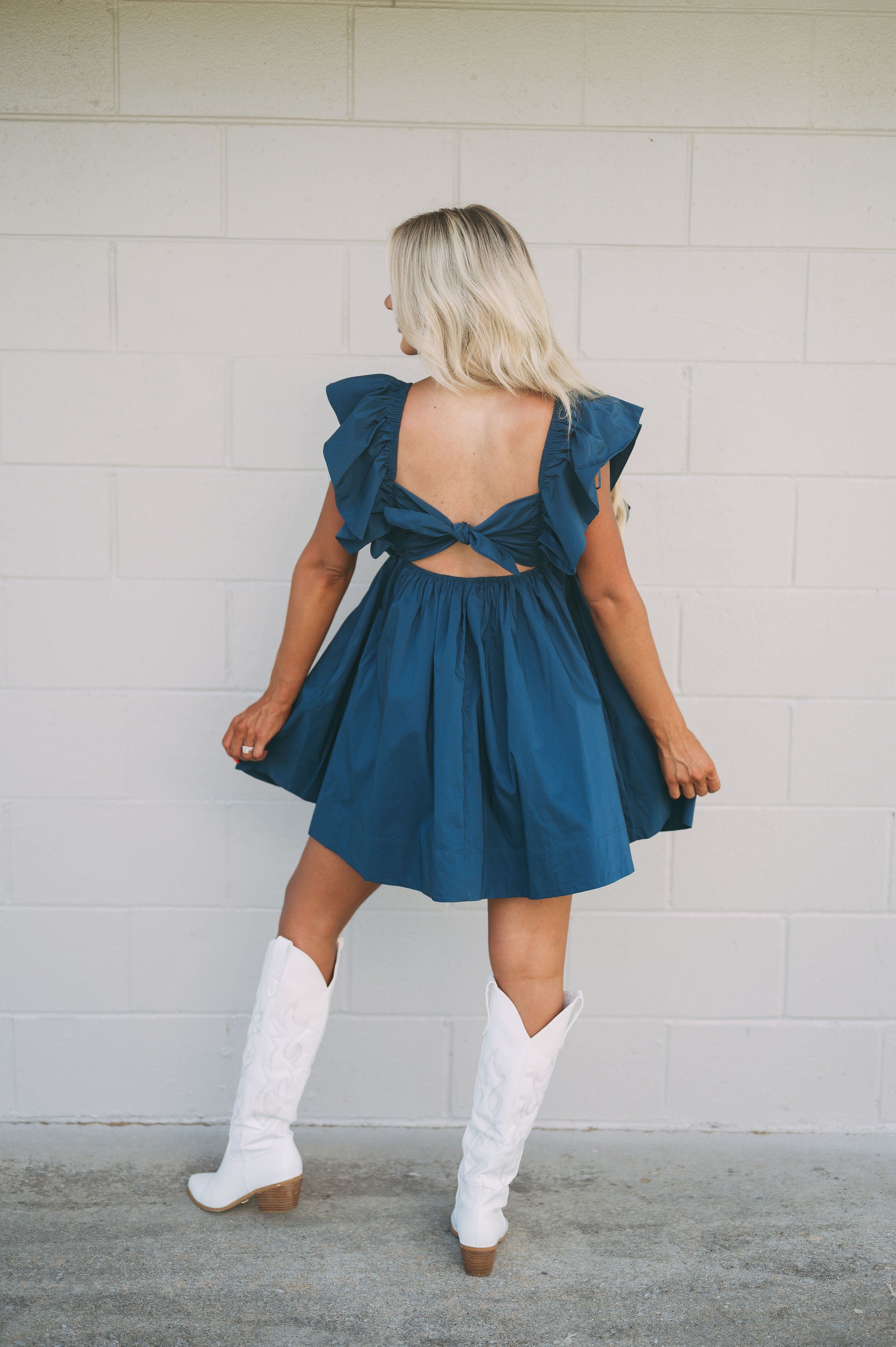 Tie Back Poplin Dress Navy
