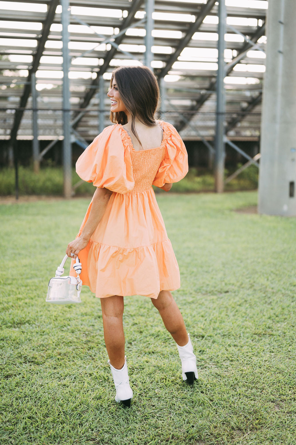 Janie Puff Sleeve Dress-Orange