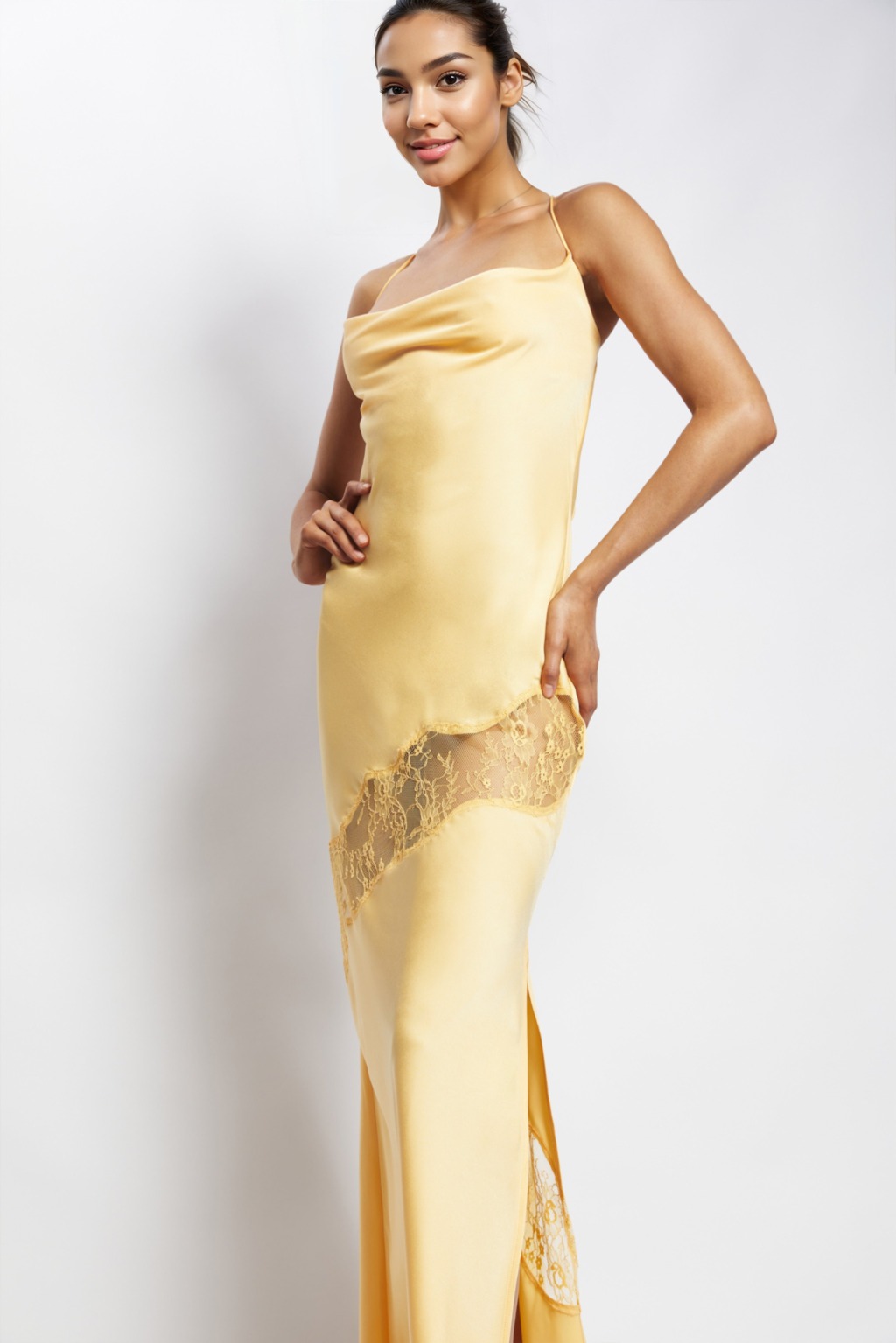 Chandra Lace Detail Satin Maxi Dress Lemon