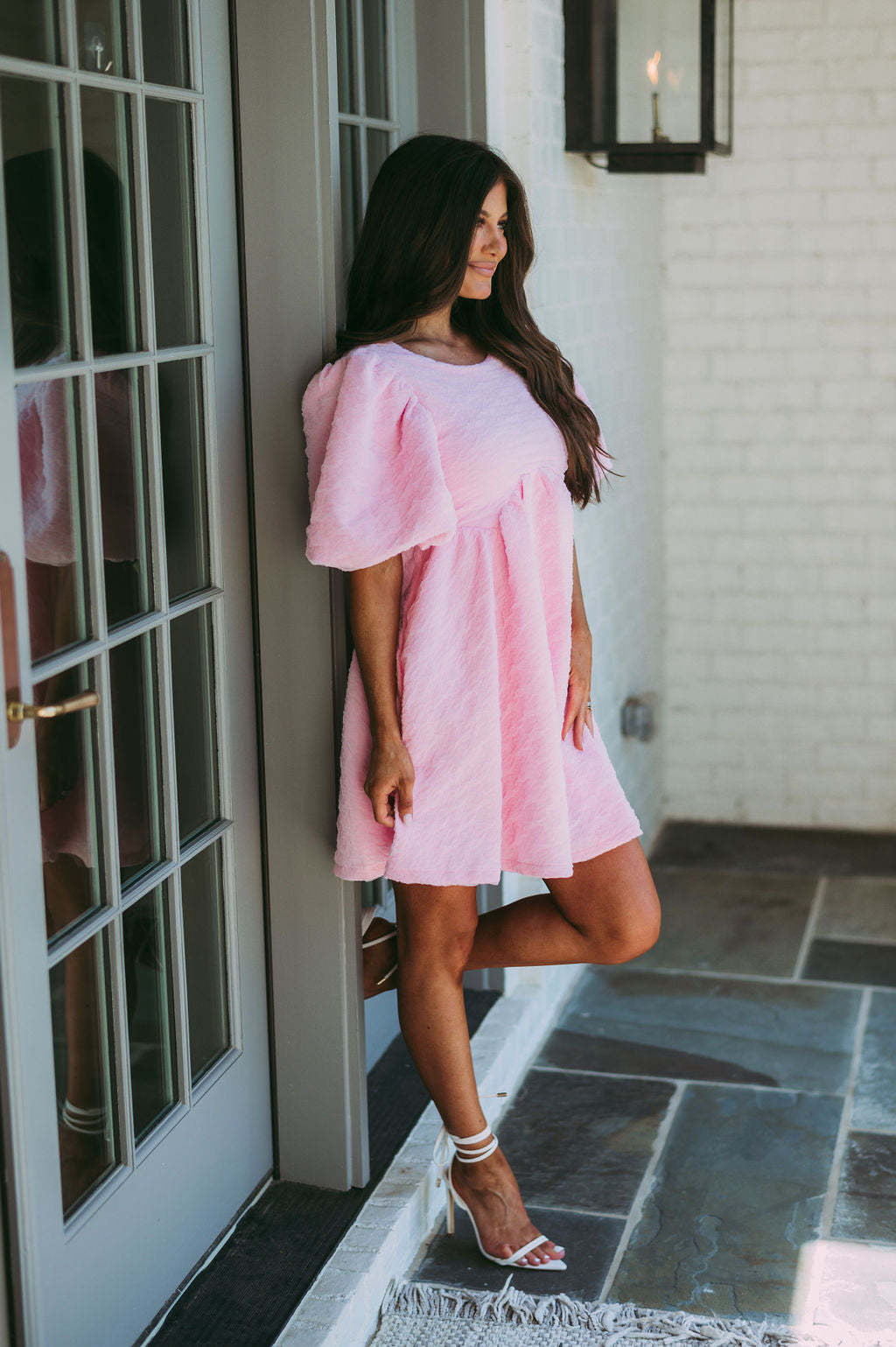Textured Puff Sleeve Babydoll Dress-Pink