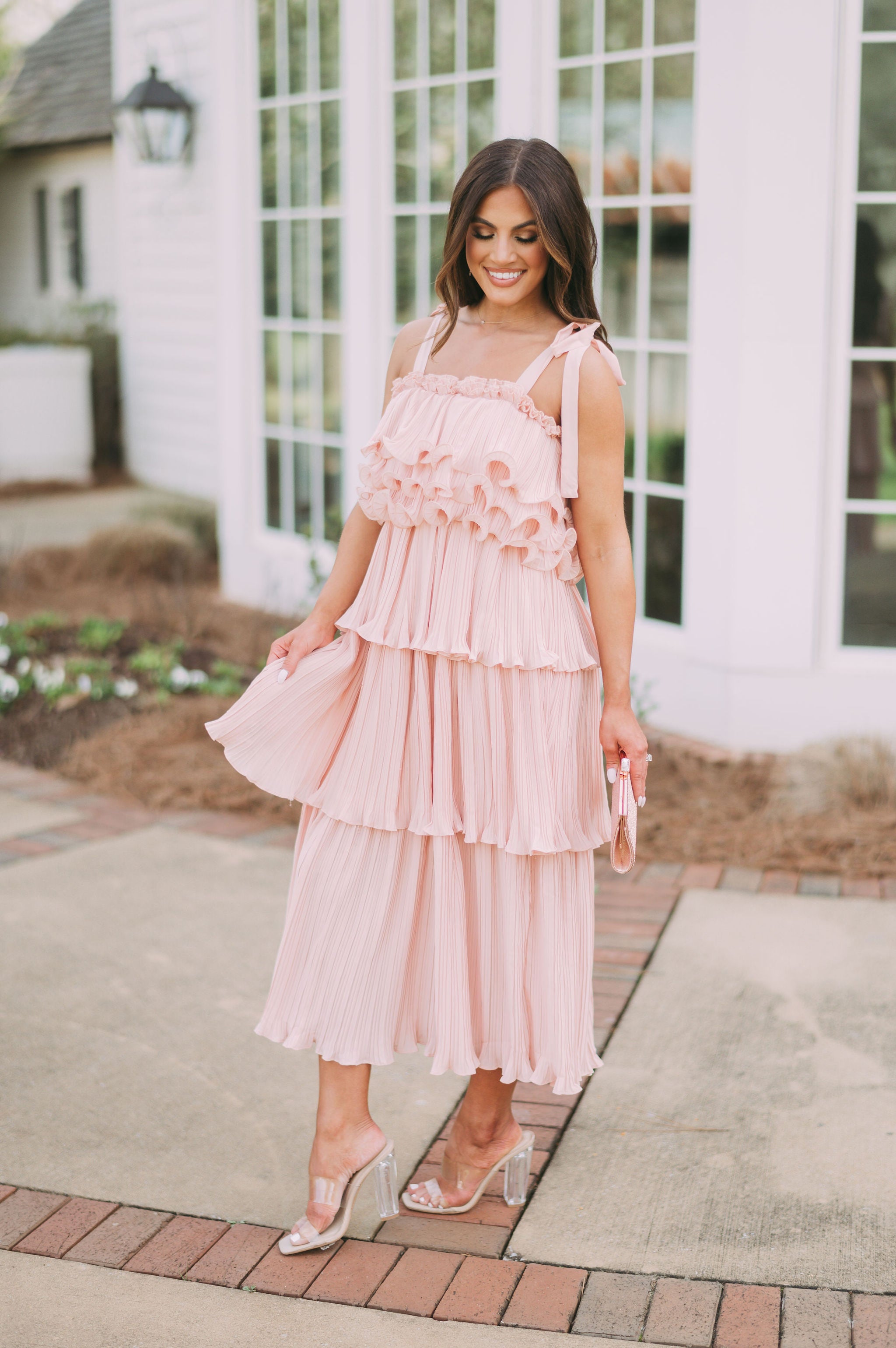 Shoulder Tie Tiered Ruffle DressPeach