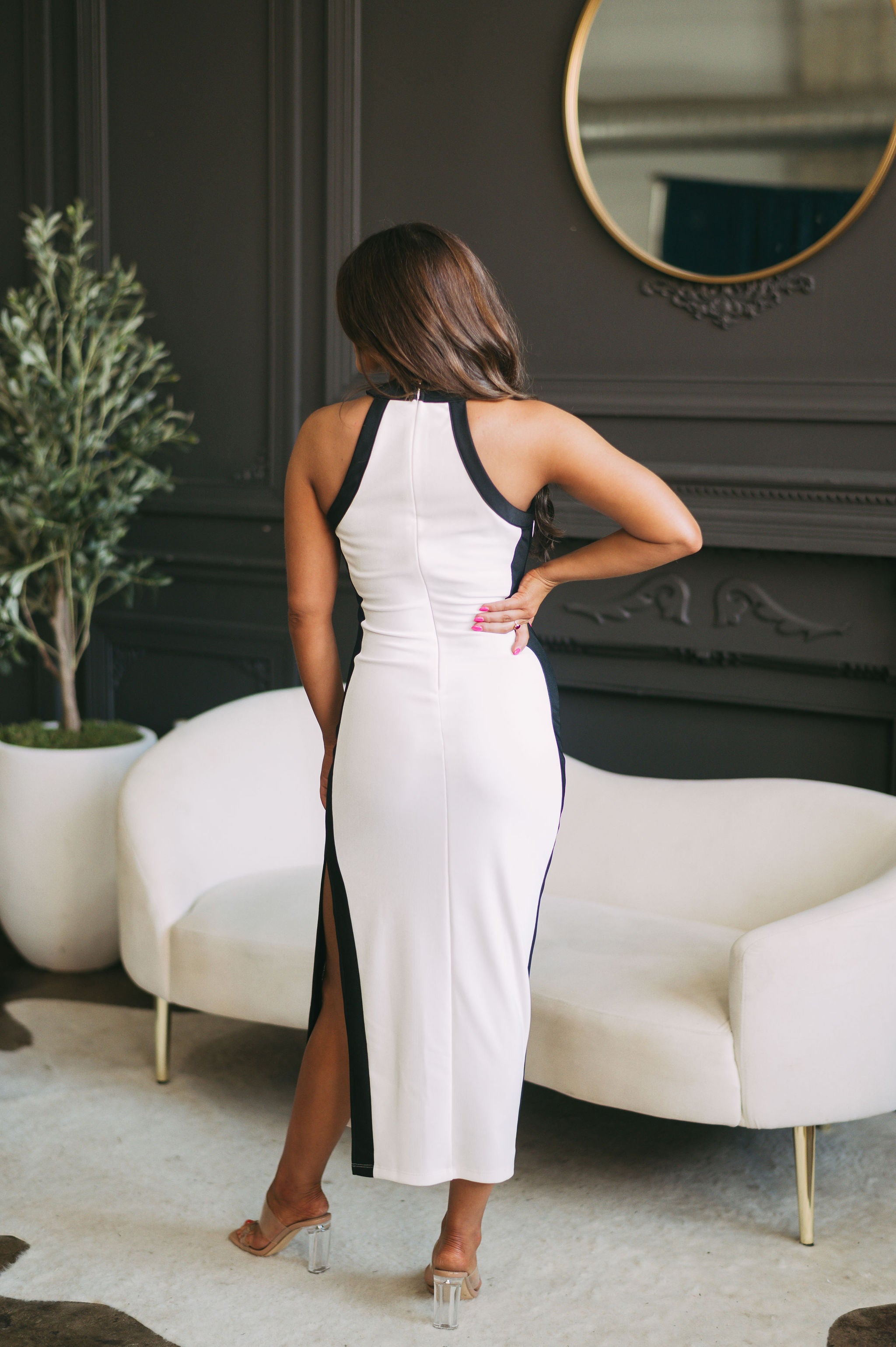 Contrast High Neck Midi Dress White/Black