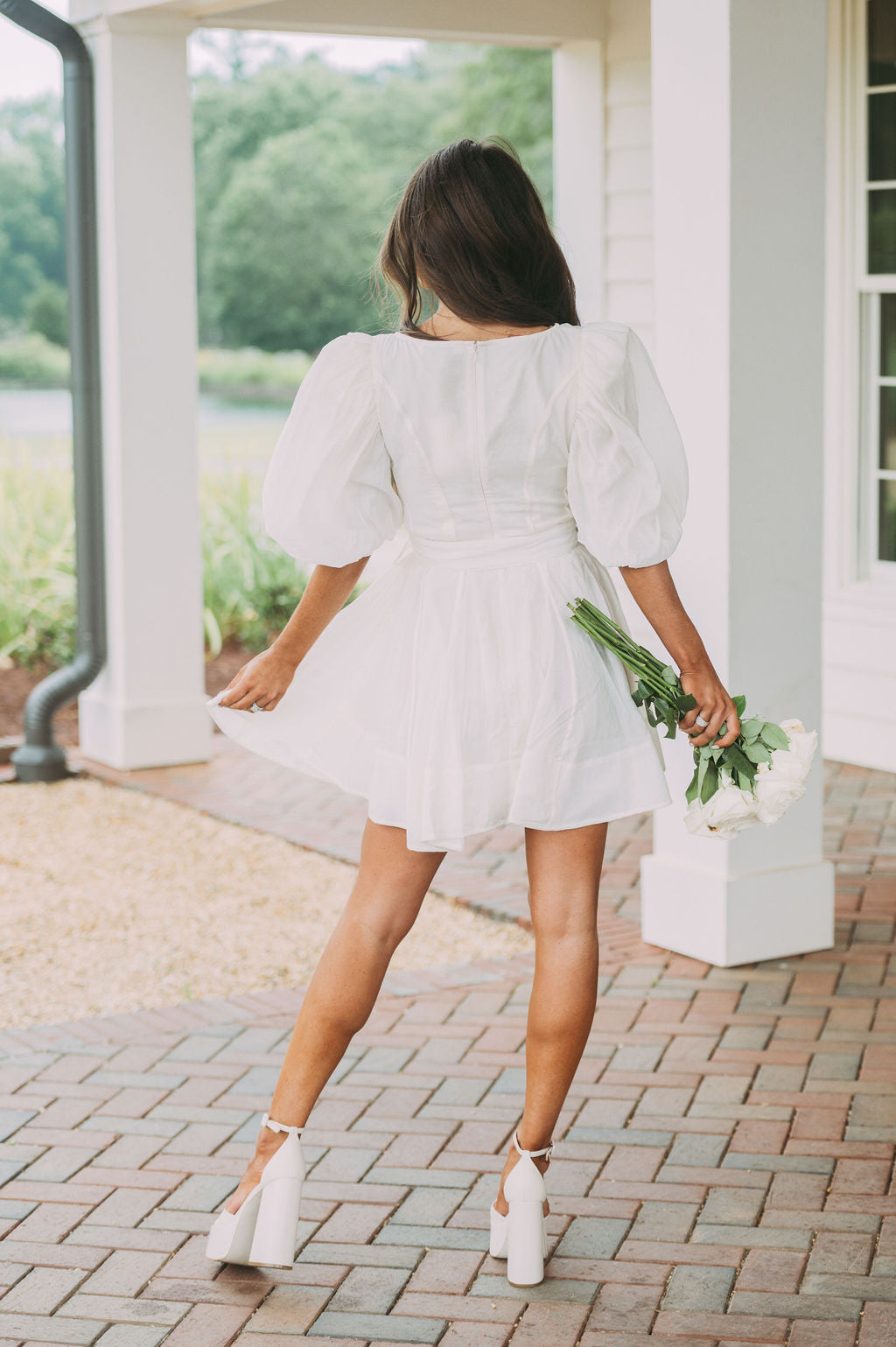 Belted Puff Sleeve Dress-Cream